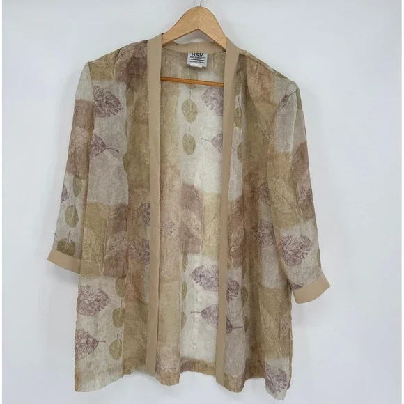 R&M Rcihards Lightweight Tan‎ Leaf Pattern Sheer Cardigan/Beige Pants Set Sz 18 - Picture 2 of 16